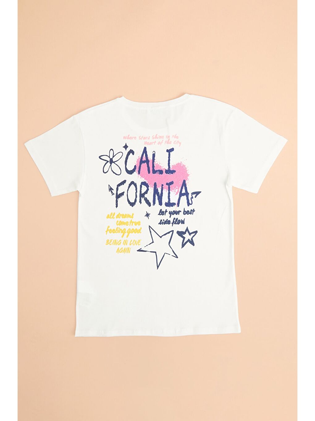Ekru California Baskılı Bisiklet Yaka Kız Çocuk Tişört-1
