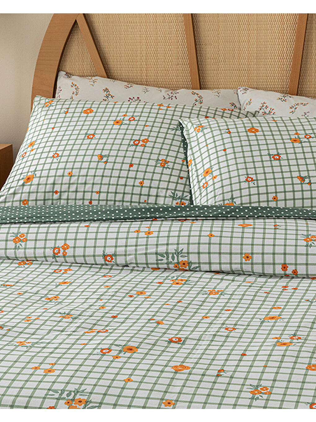 Bloom Check Pamuklu Ranforce Çift Kişilik Nevresim Takımı 200x220 cm Yeşil-2