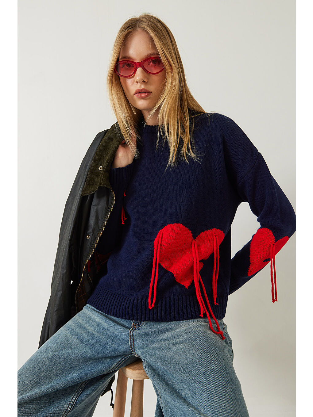 Lacivert Kadın Kalpli Saçaklı Triko Kazak-1