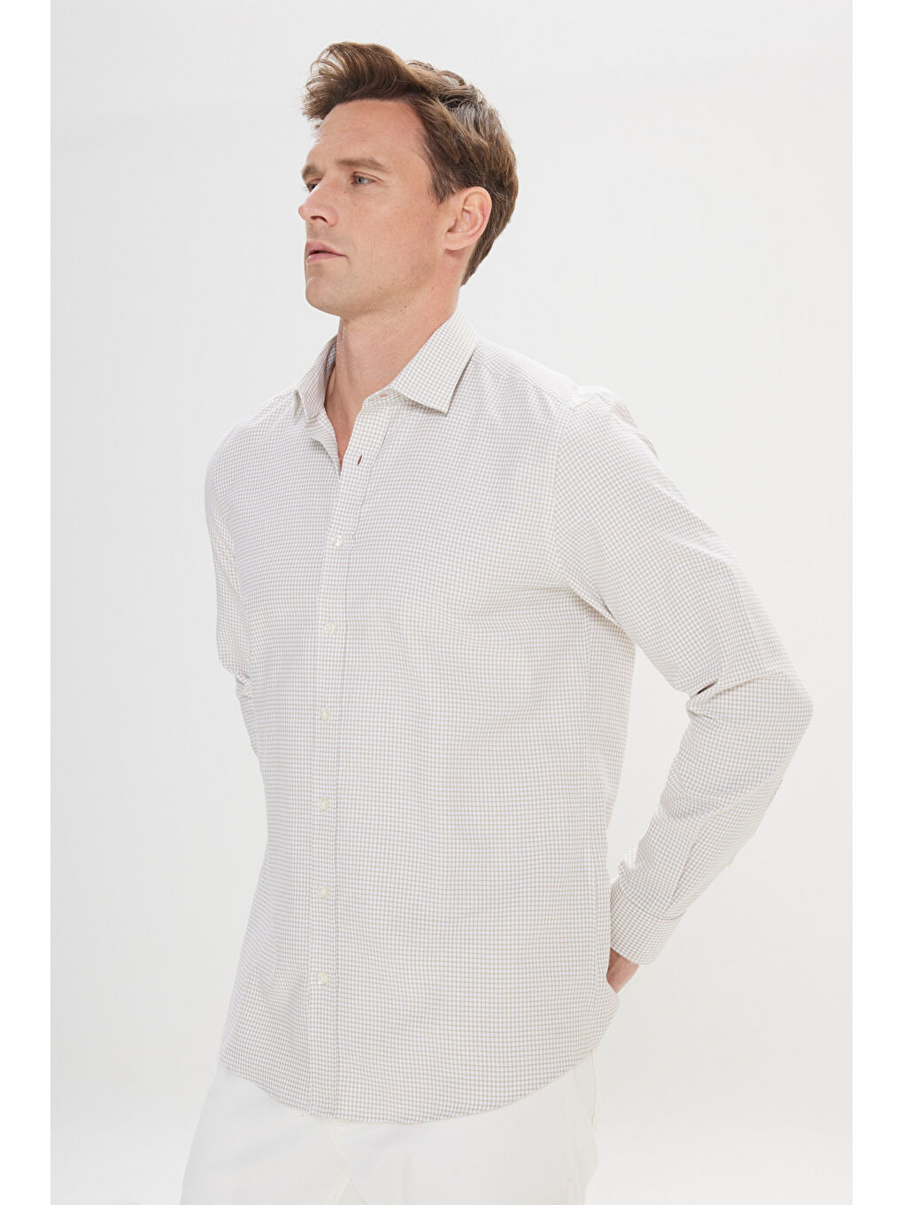 Erkek Beyaz-Bej Kolay Ütülenebilir Slim Fit Dar Kesim Düğme Yaka Gofre Desenli Gömlek-2