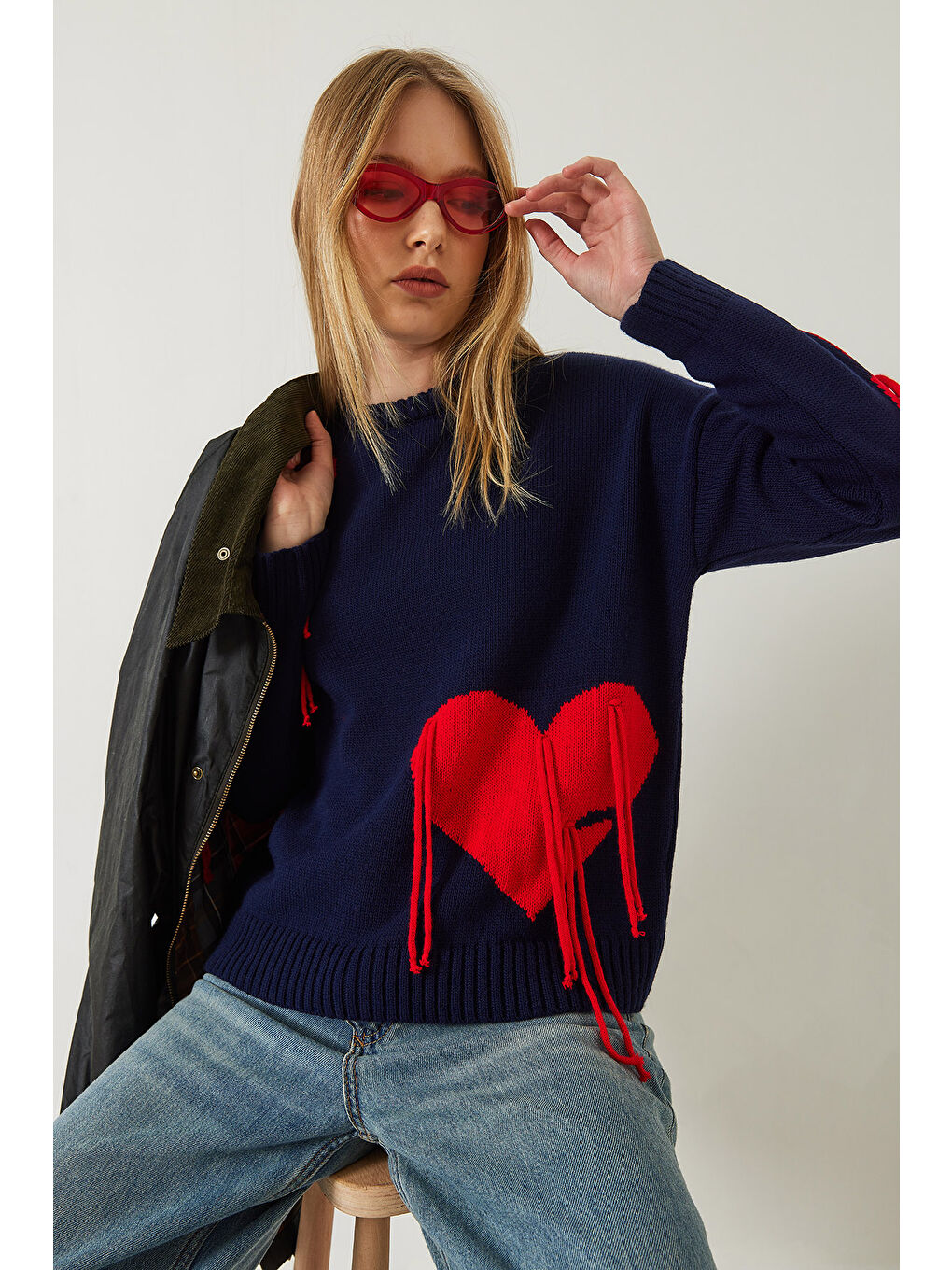 Lacivert Kadın Kalpli Saçaklı Triko Kazak-2