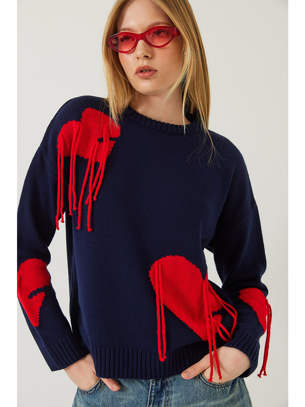 Lacivert Kadın Kalpli Saçaklı Triko Kazak-3