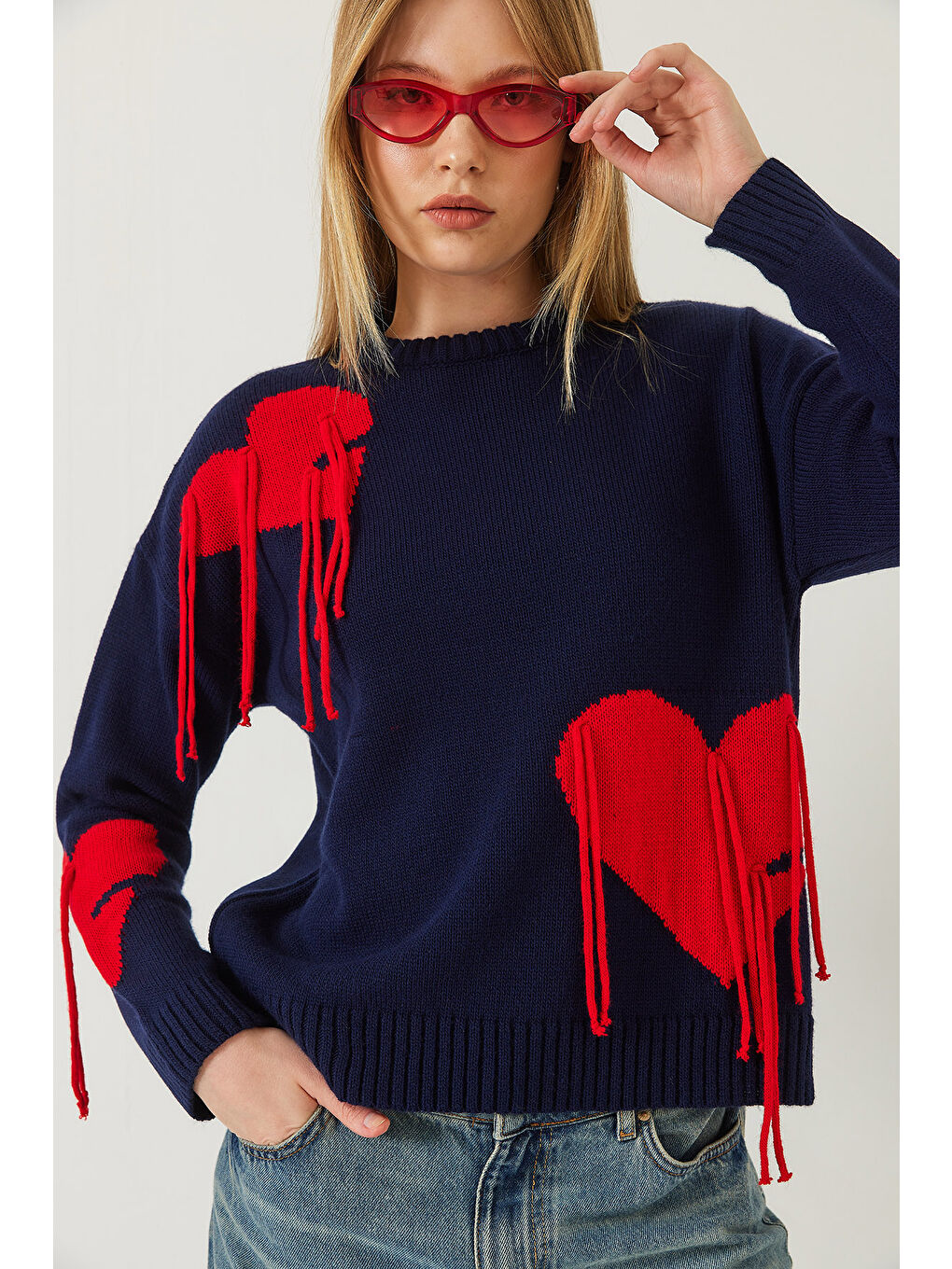 Lacivert Kadın Kalpli Saçaklı Triko Kazak-4