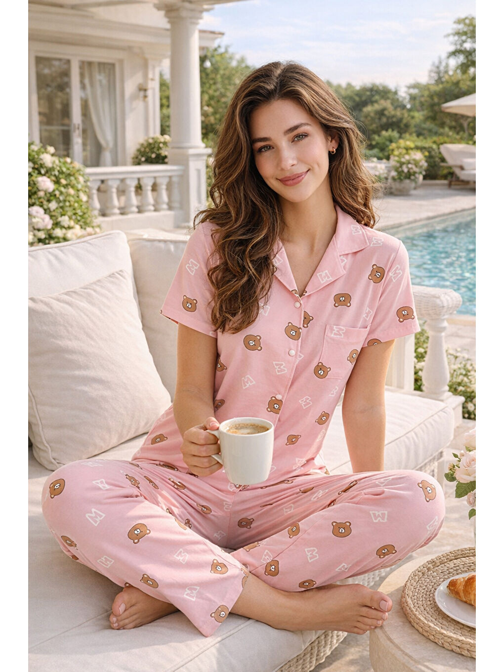 Pembe Kadın Kısa Kol Milan Kumaş Pijama Takımı 50101-724 Pudra02-1