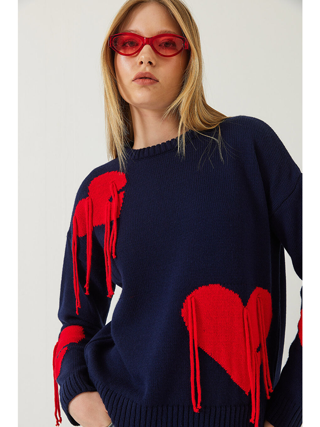 Lacivert Kadın Kalpli Saçaklı Triko Kazak-5