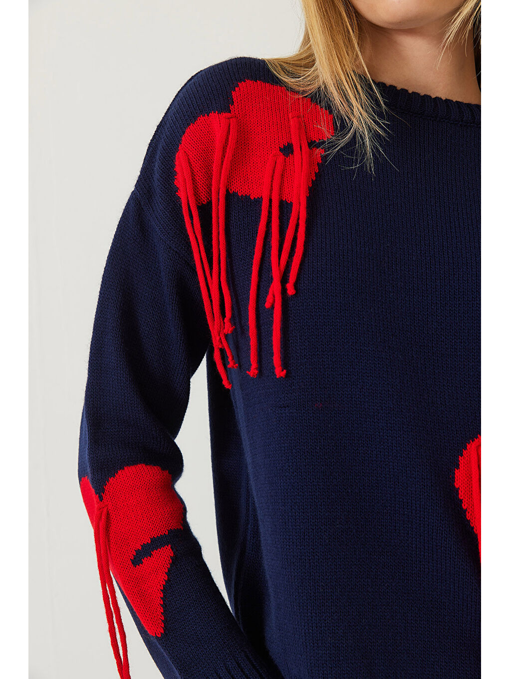 Lacivert Kadın Kalpli Saçaklı Triko Kazak-6