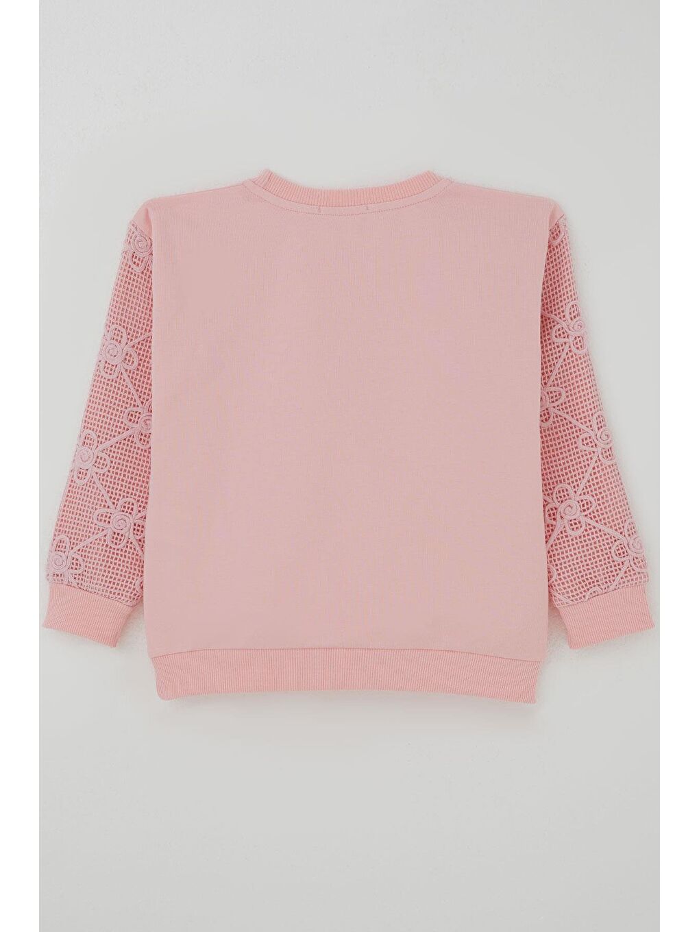 Kız Çocuk Sweatshirt Kolları Çiçek Aplike İşlemeli File Detaylı Pembe (5-10 Yaş)-1
