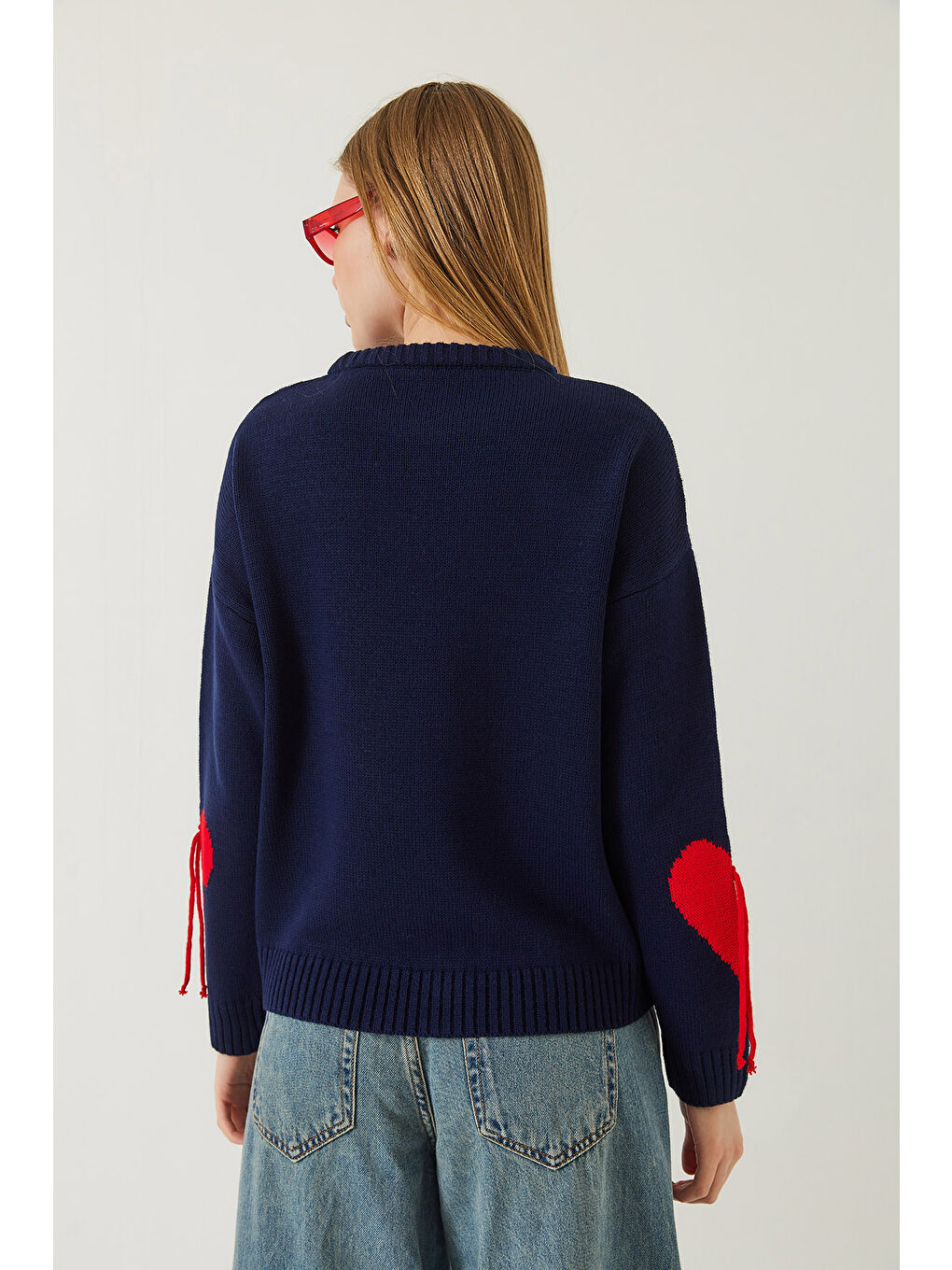 Lacivert Kadın Kalpli Saçaklı Triko Kazak-7