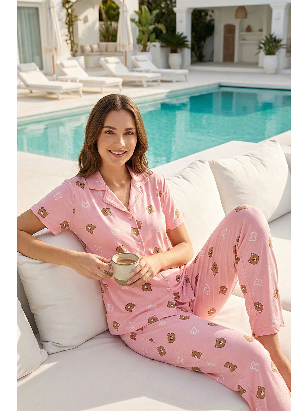 Pembe Kadın Kısa Kol Milan Kumaş Pijama Takımı 50101-724 Pudra02-2