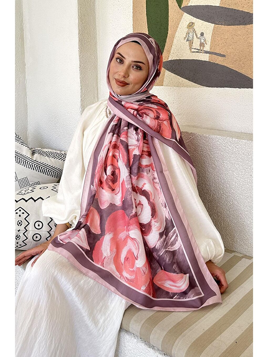 Çiçek Desen Pamuk Şal Şeker Pembesi-1