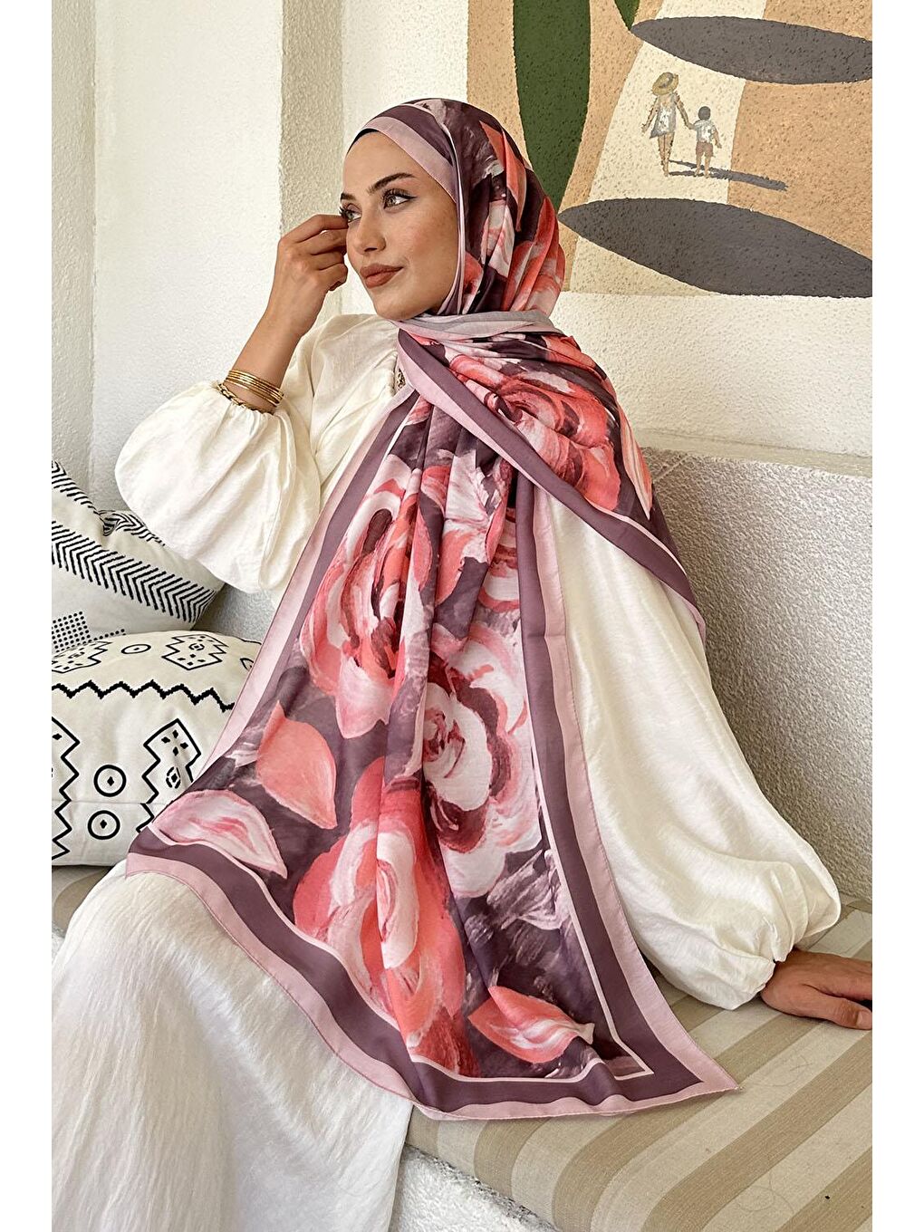 Çiçek Desen Pamuk Şal Şeker Pembesi-2