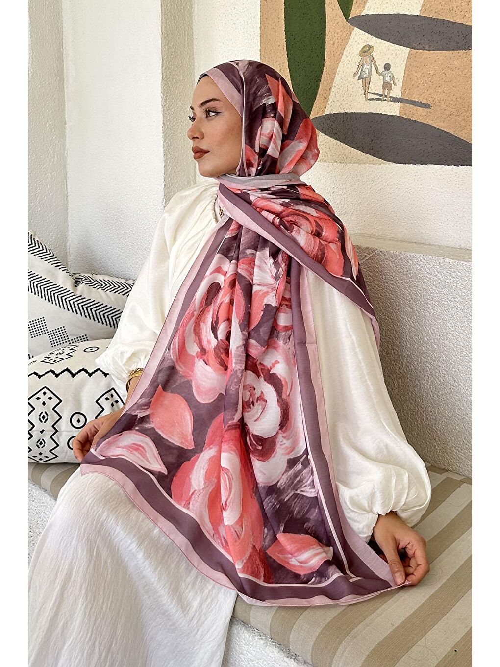Çiçek Desen Pamuk Şal Şeker Pembesi-3
