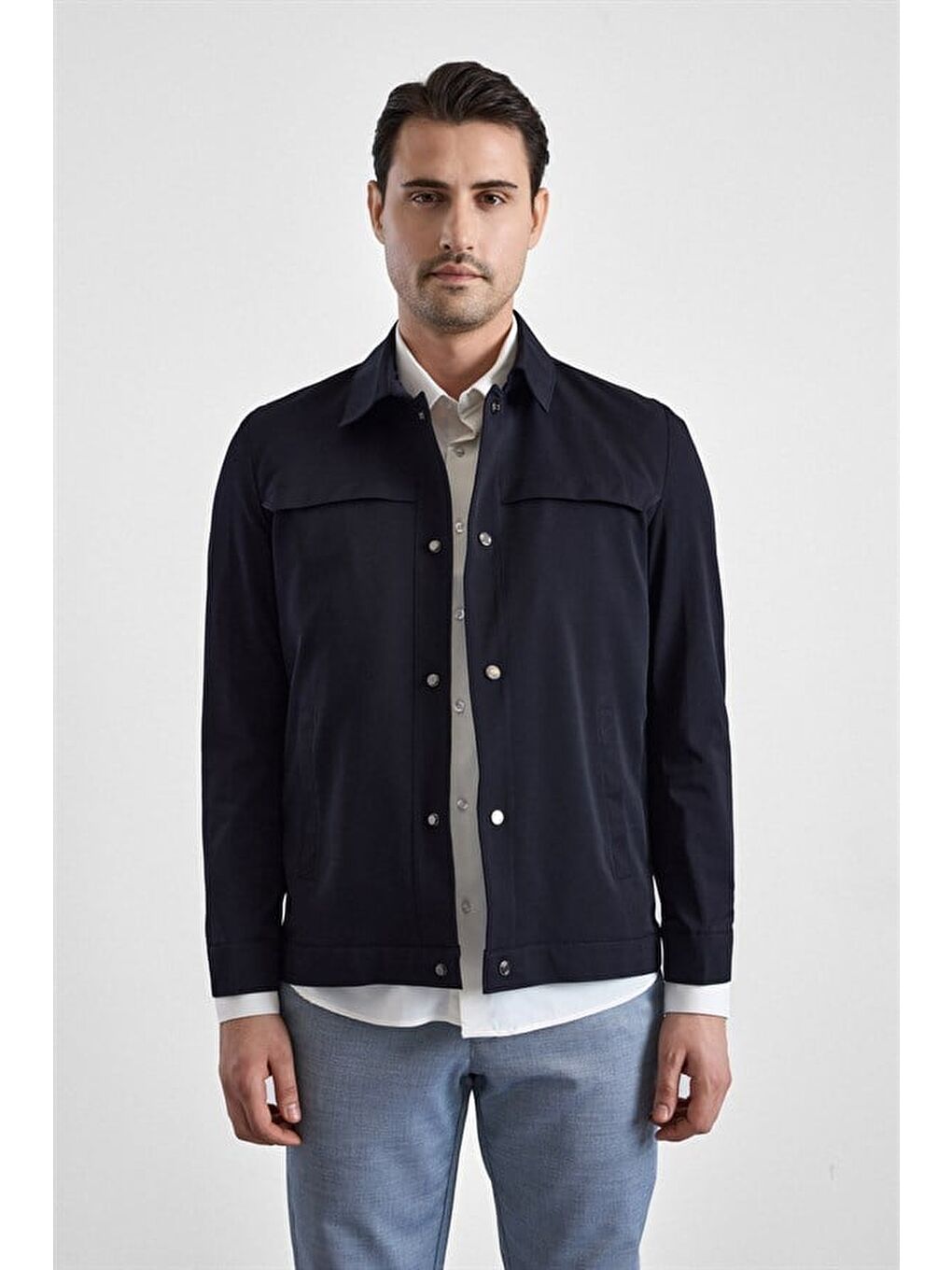 Lacivert Slim Bebe Yaka Düz Yan Cepli Çıtçıtlı Dolgusuz Mont Ceket