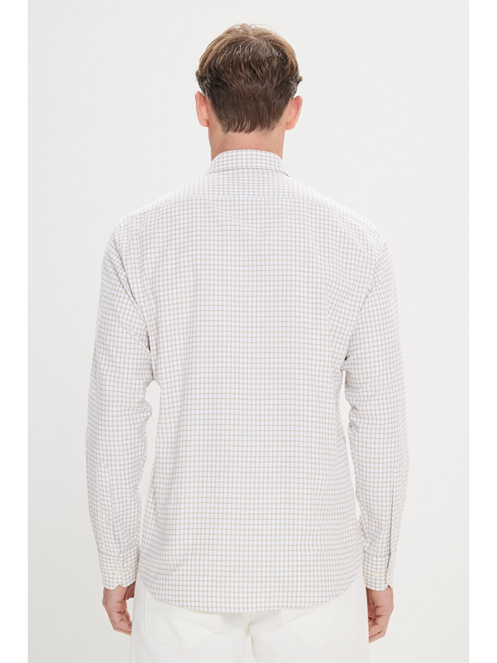 Erkek Beyaz-Bej Kolay Ütülenebilir Slim Fit Dar Kesim Düğme Yaka Gofre Desenli Gömlek-4