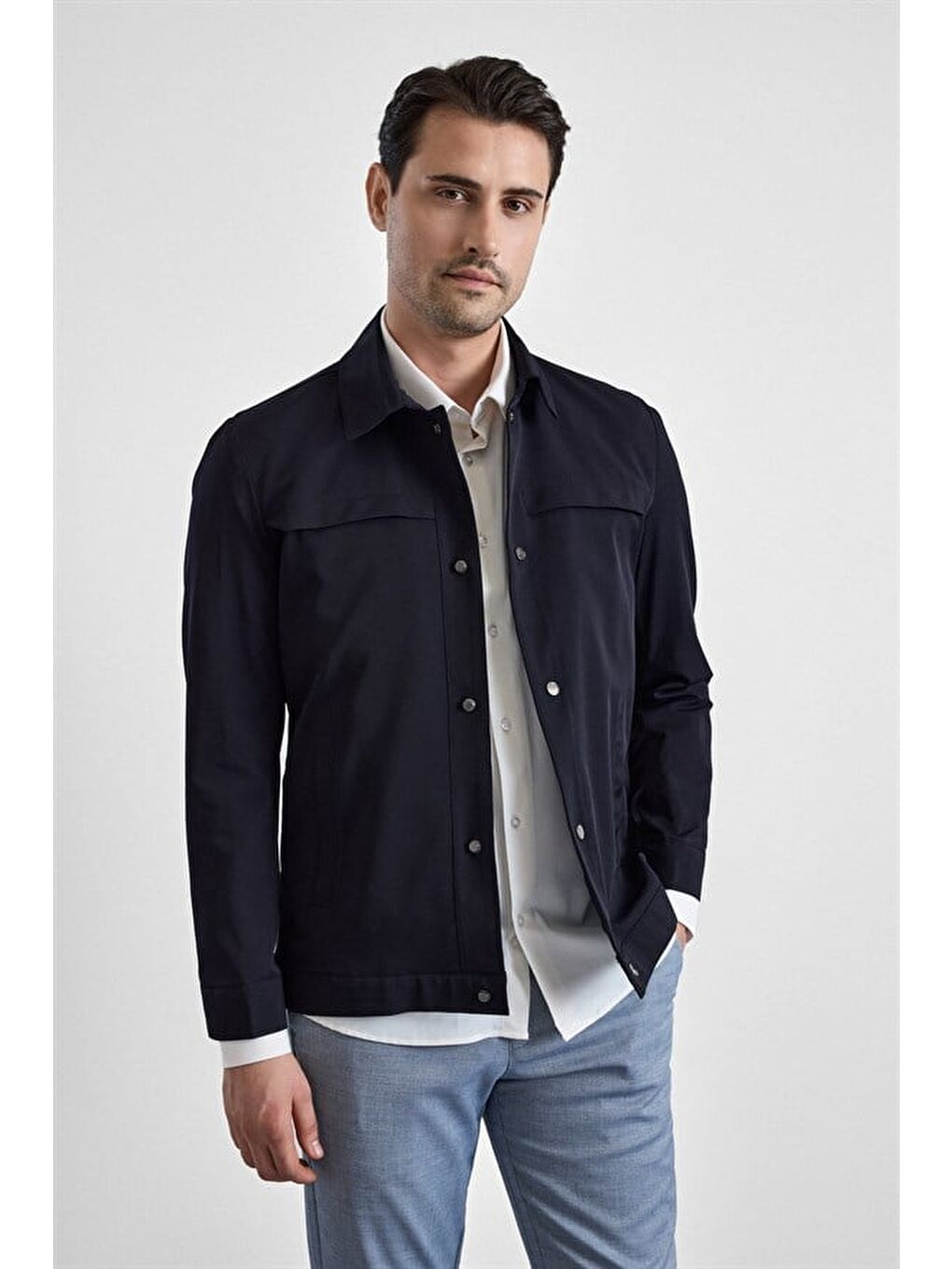 Lacivert Slim Bebe Yaka Düz Yan Cepli Çıtçıtlı Dolgusuz Mont Ceket-1