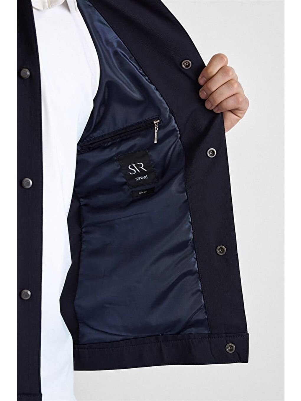 Lacivert Slim Bebe Yaka Düz Yan Cepli Çıtçıtlı Dolgusuz Mont Ceket-2