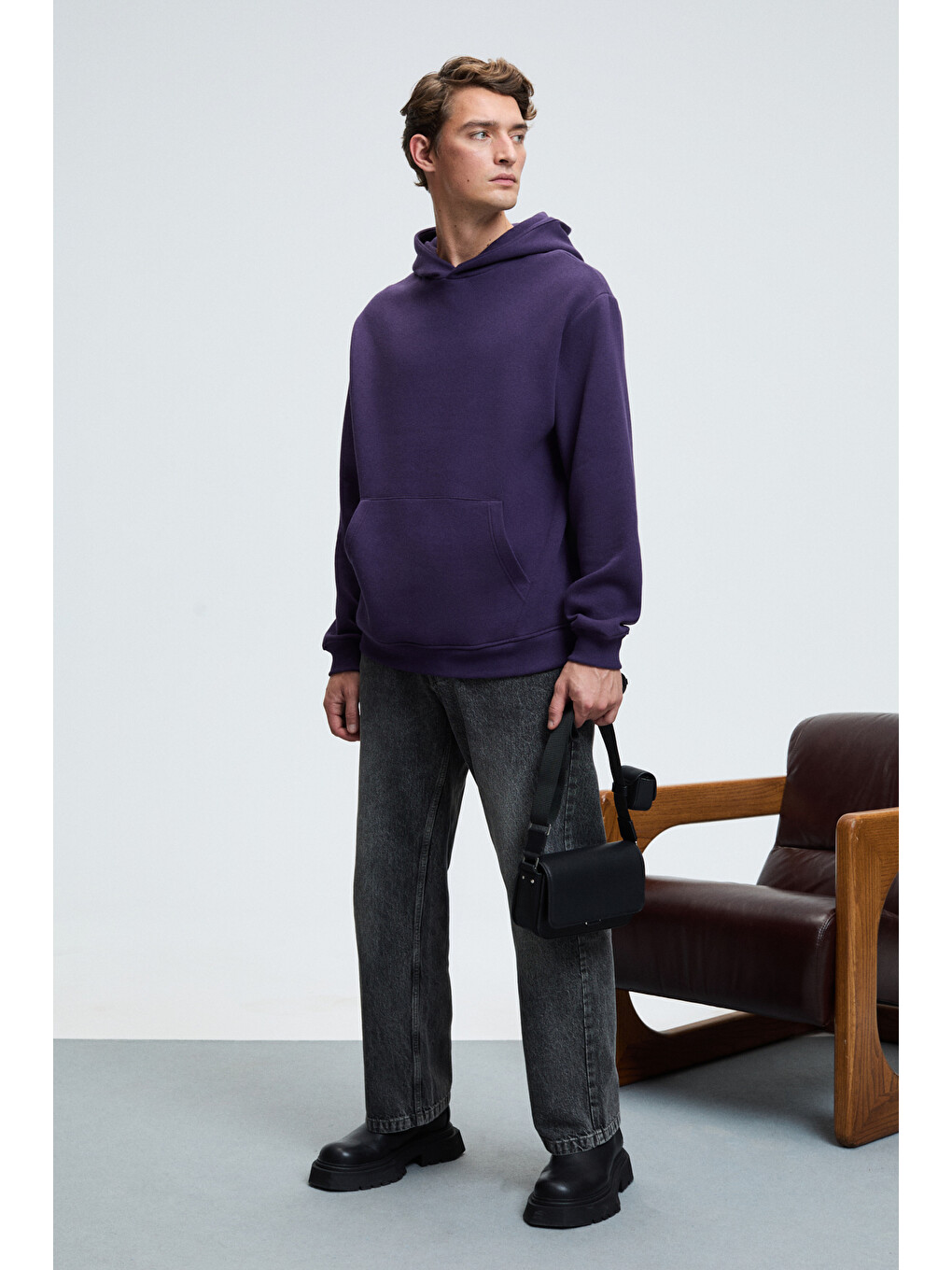 Amos Erkek Yumuşak Kumaşlı 3 İplik Oversize Kapüşonlu Kanguru Cepli Mor Sweatshirt-1
