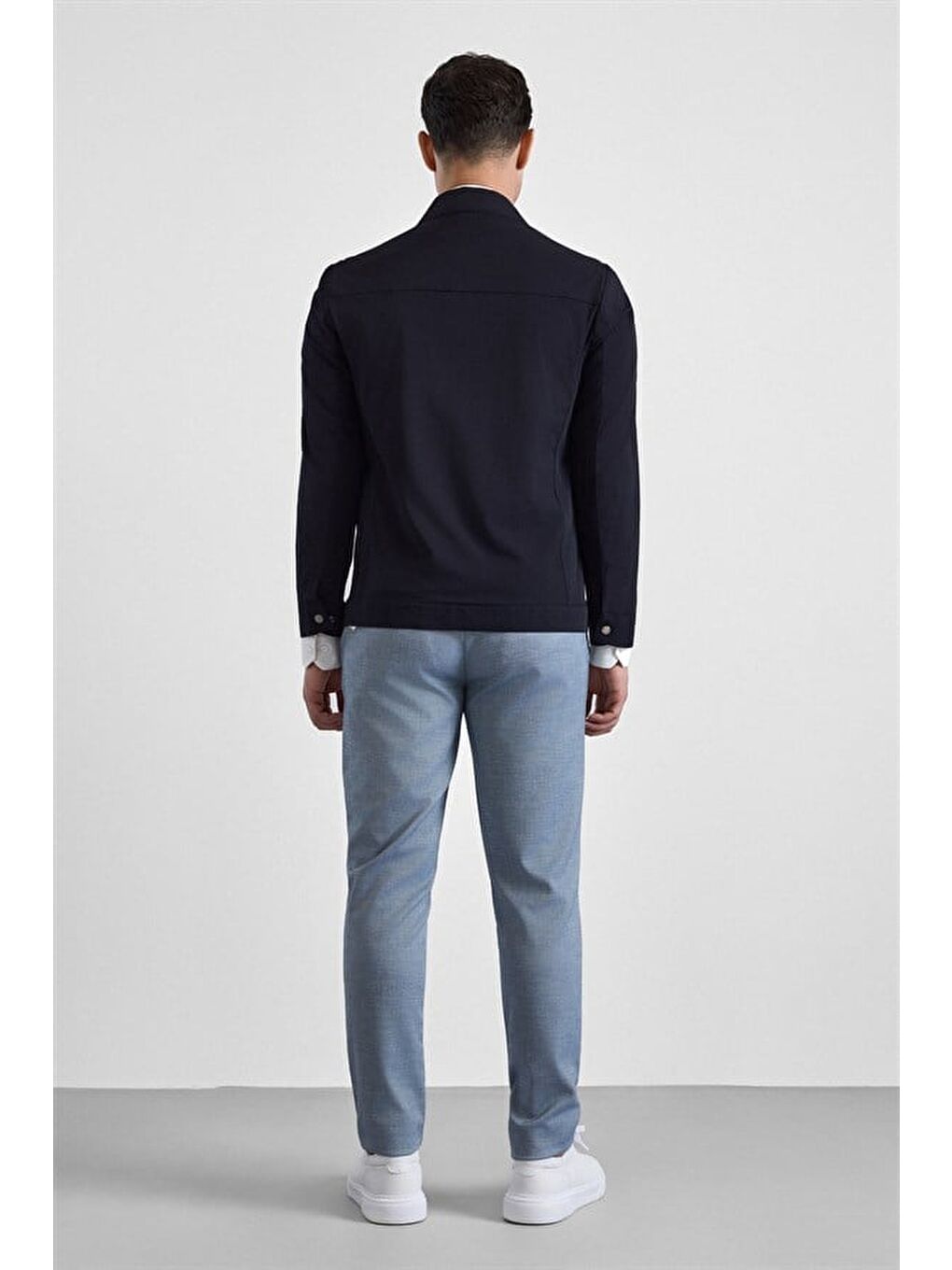 Lacivert Slim Bebe Yaka Düz Yan Cepli Çıtçıtlı Dolgusuz Mont Ceket-4