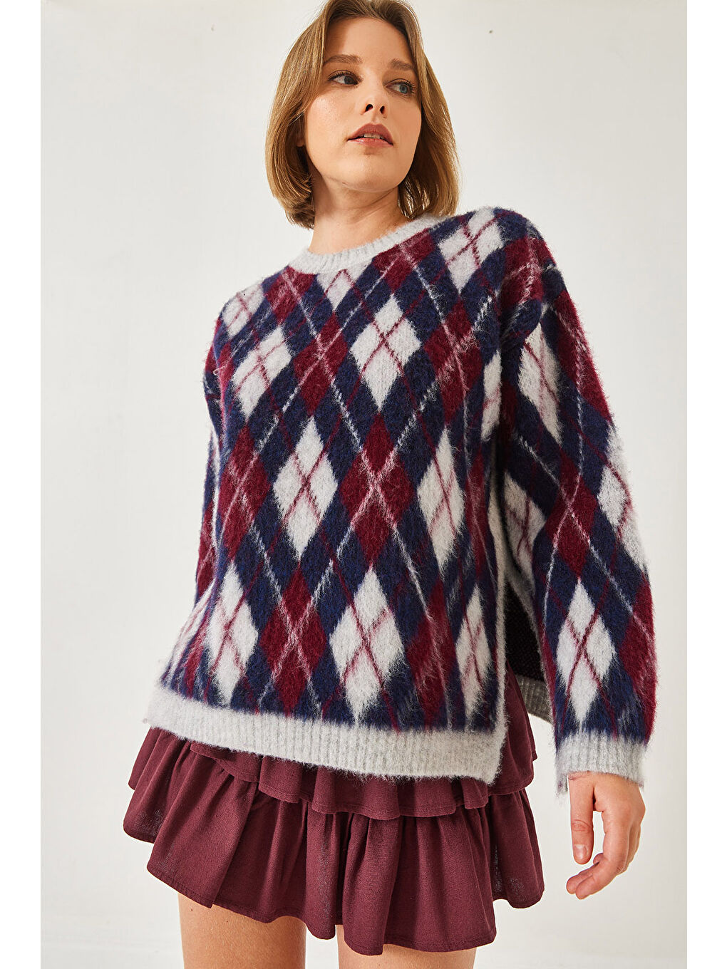 Gri Kadın Şardonlu Baklavalı Yırtmaçlı Triko Kazak-1