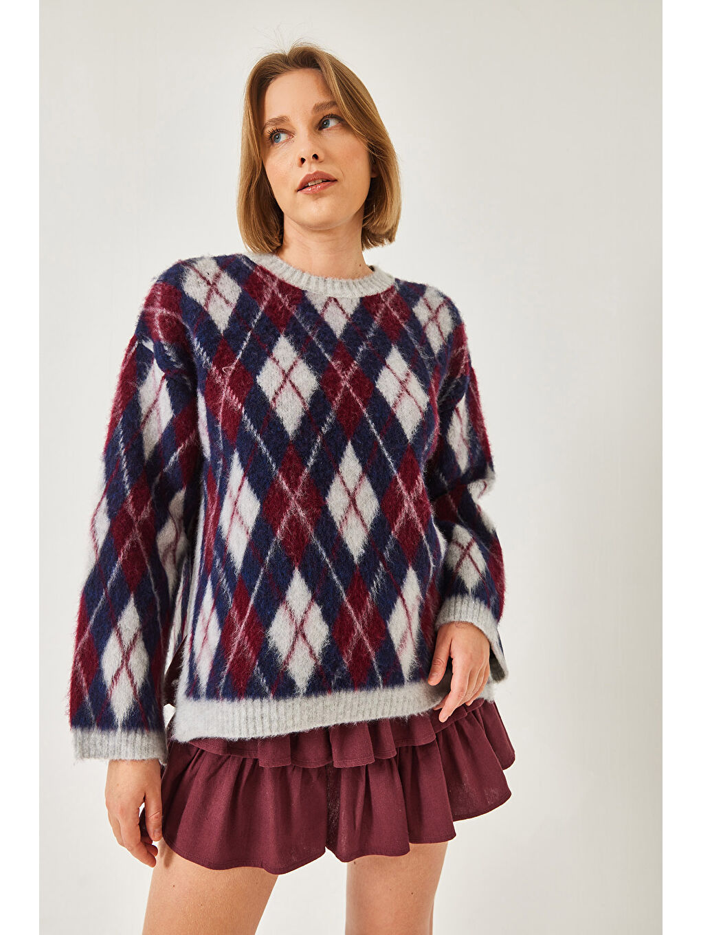 Gri Kadın Şardonlu Baklavalı Yırtmaçlı Triko Kazak-2