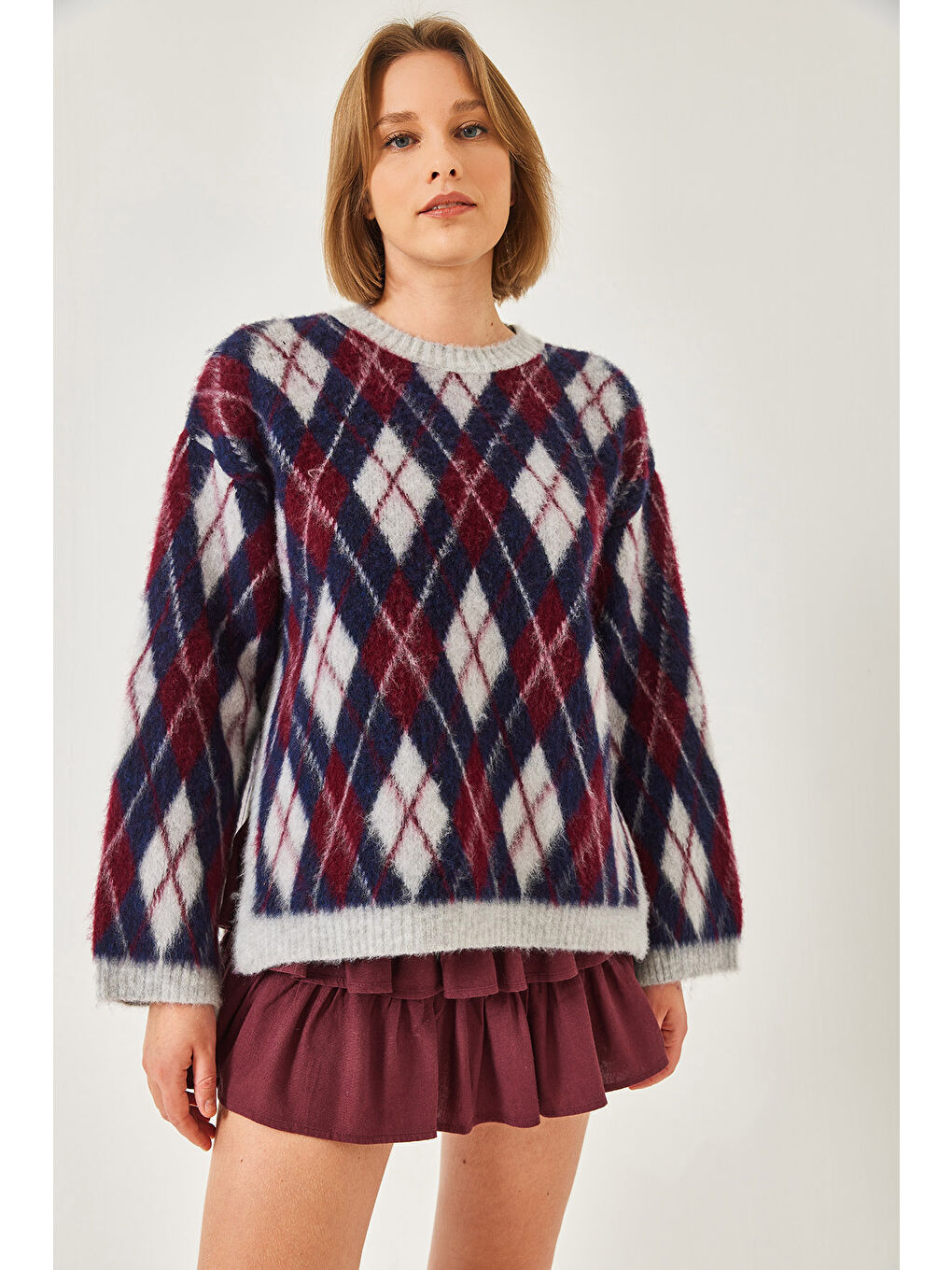 Gri Kadın Şardonlu Baklavalı Yırtmaçlı Triko Kazak-3