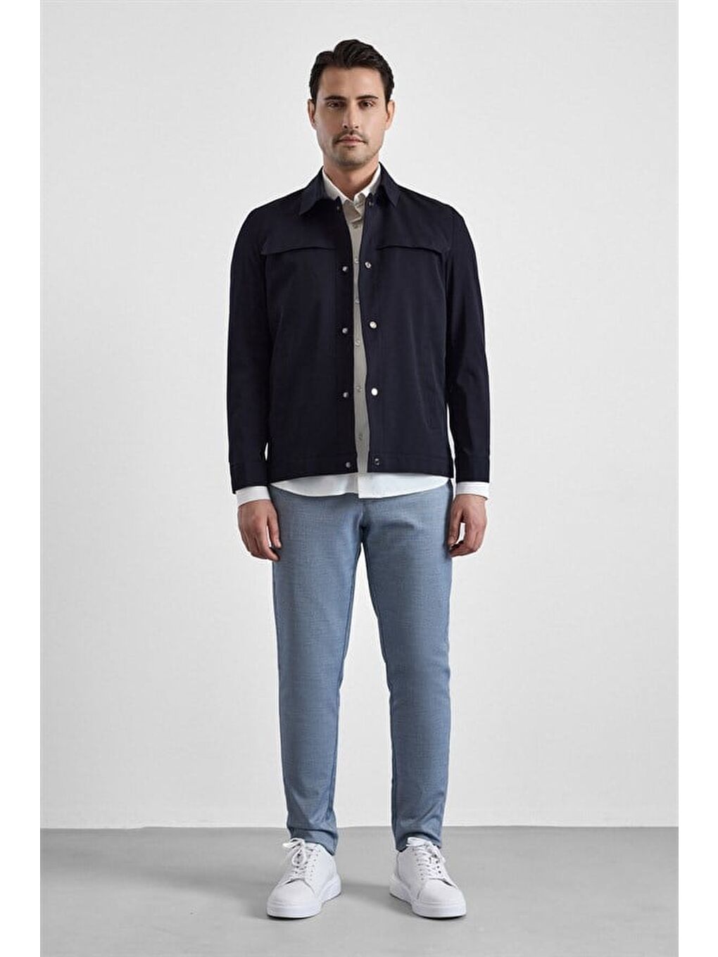 Lacivert Slim Bebe Yaka Düz Yan Cepli Çıtçıtlı Dolgusuz Mont Ceket-5