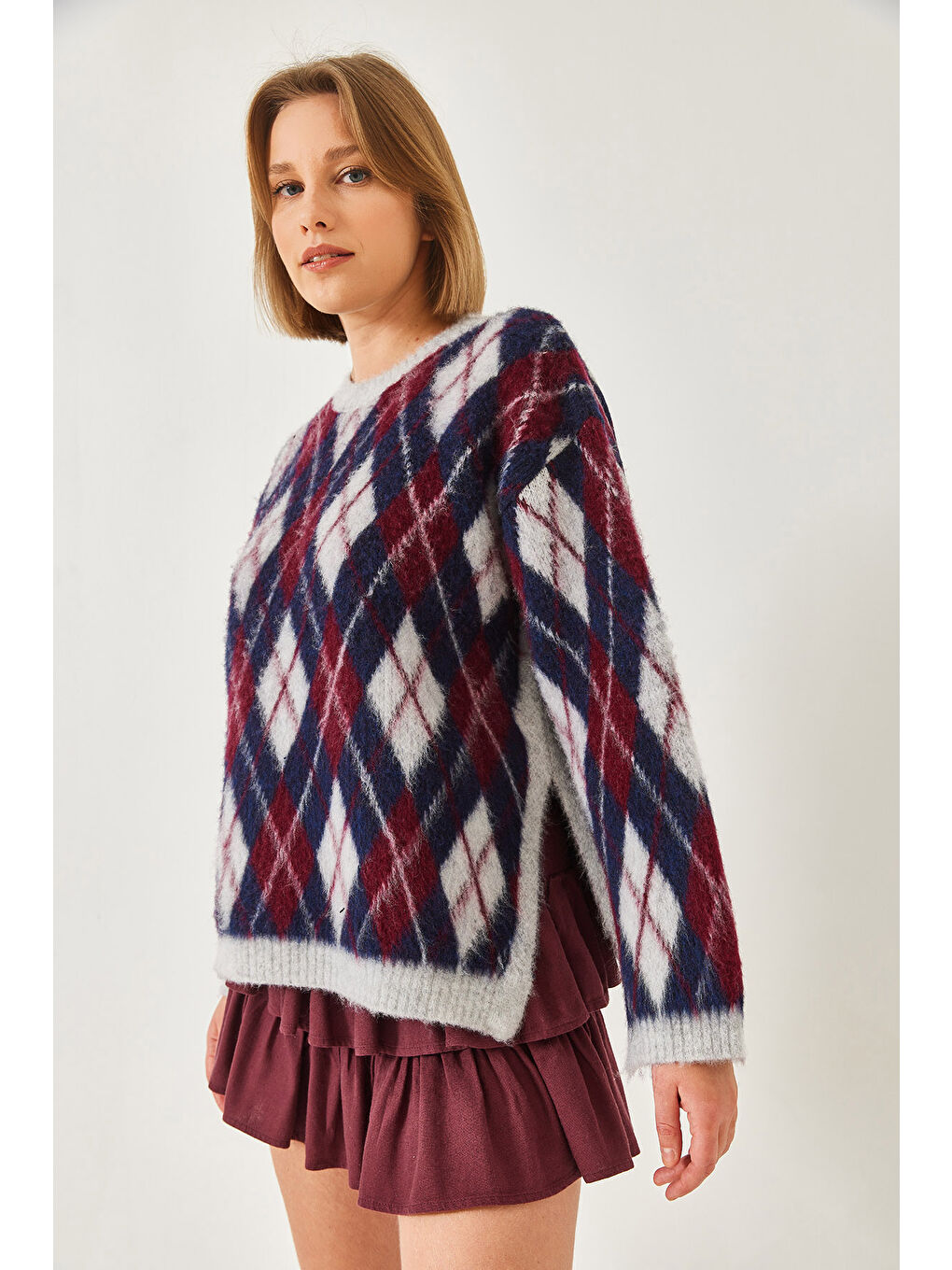 Gri Kadın Şardonlu Baklavalı Yırtmaçlı Triko Kazak-4