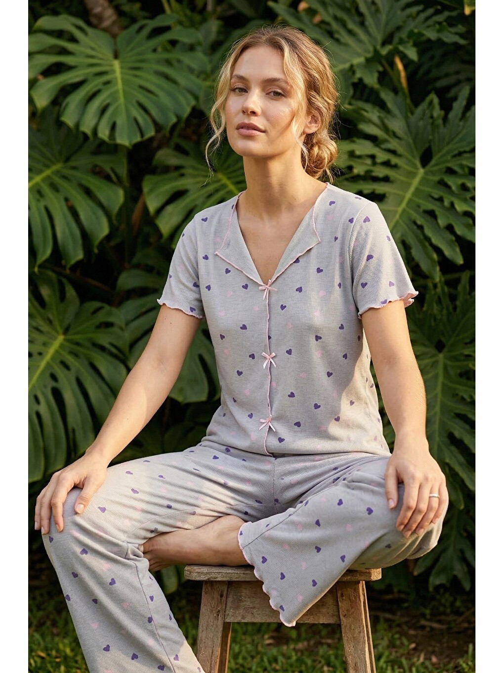 Gri Fitilli Kaşkorse Örme Pijama Takım 26120553