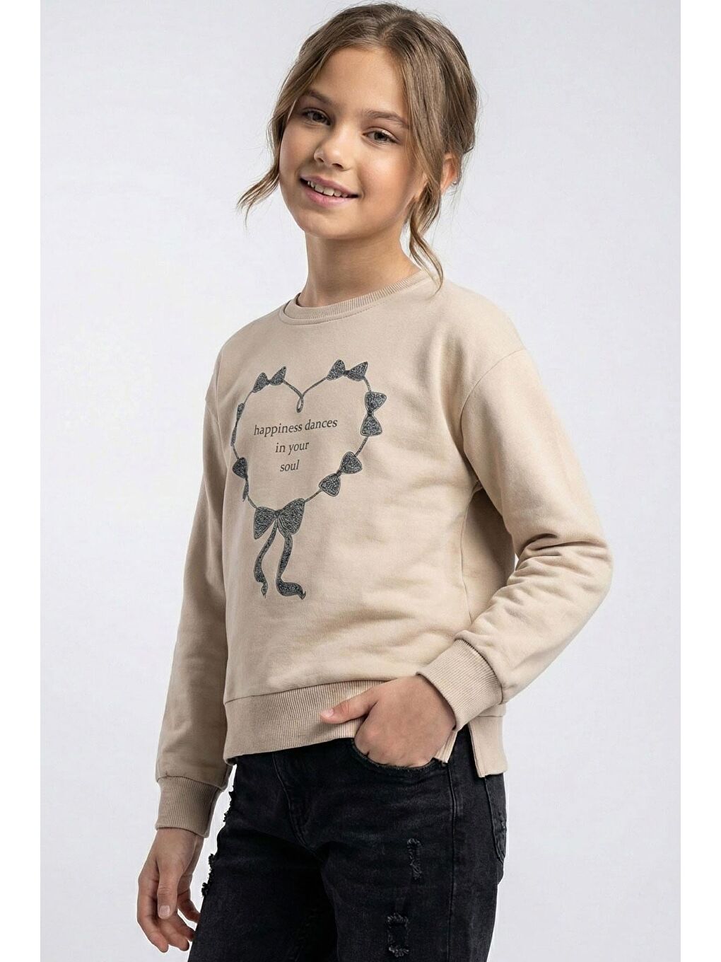 Kız Çocuk Sweatshirt Simli Kurdeleli Kalp Baskılı Bej (9-14 Yaş)-1