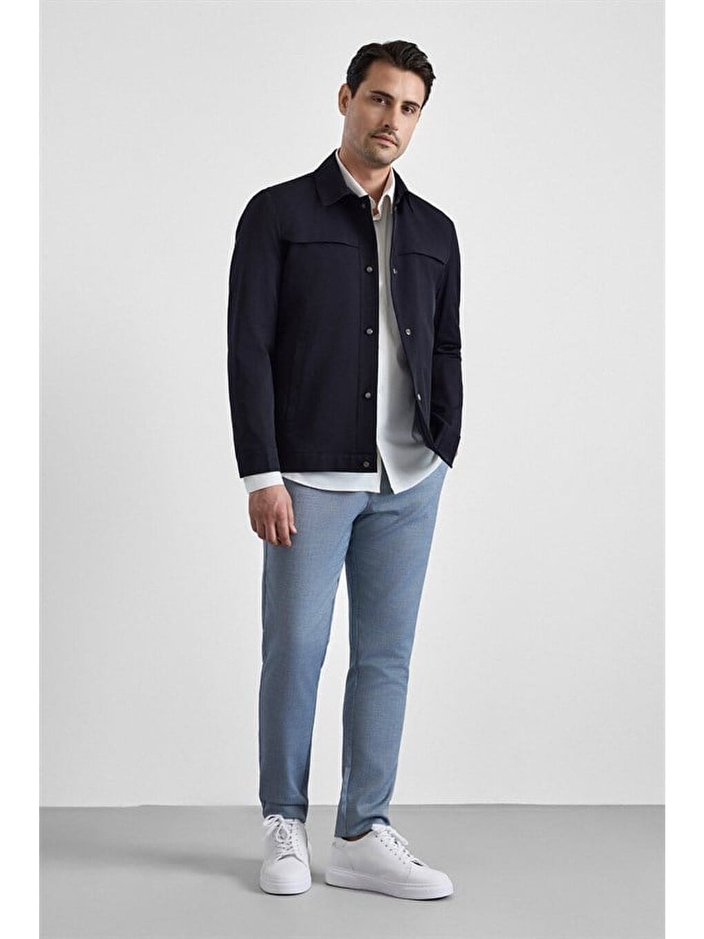 Lacivert Slim Bebe Yaka Düz Yan Cepli Çıtçıtlı Dolgusuz Mont Ceket-6