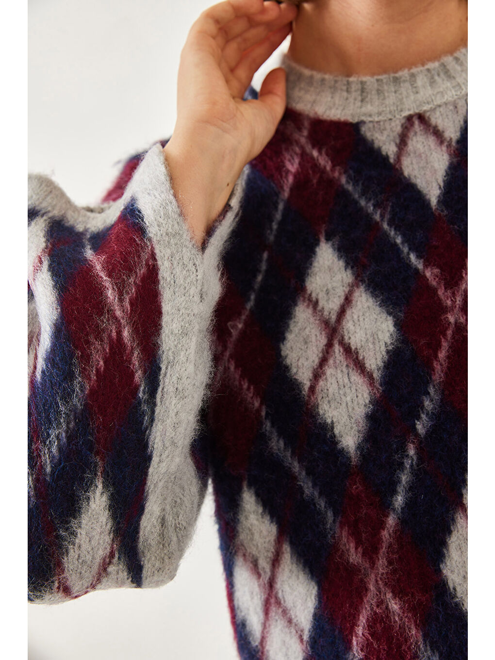 Gri Kadın Şardonlu Baklavalı Yırtmaçlı Triko Kazak-6