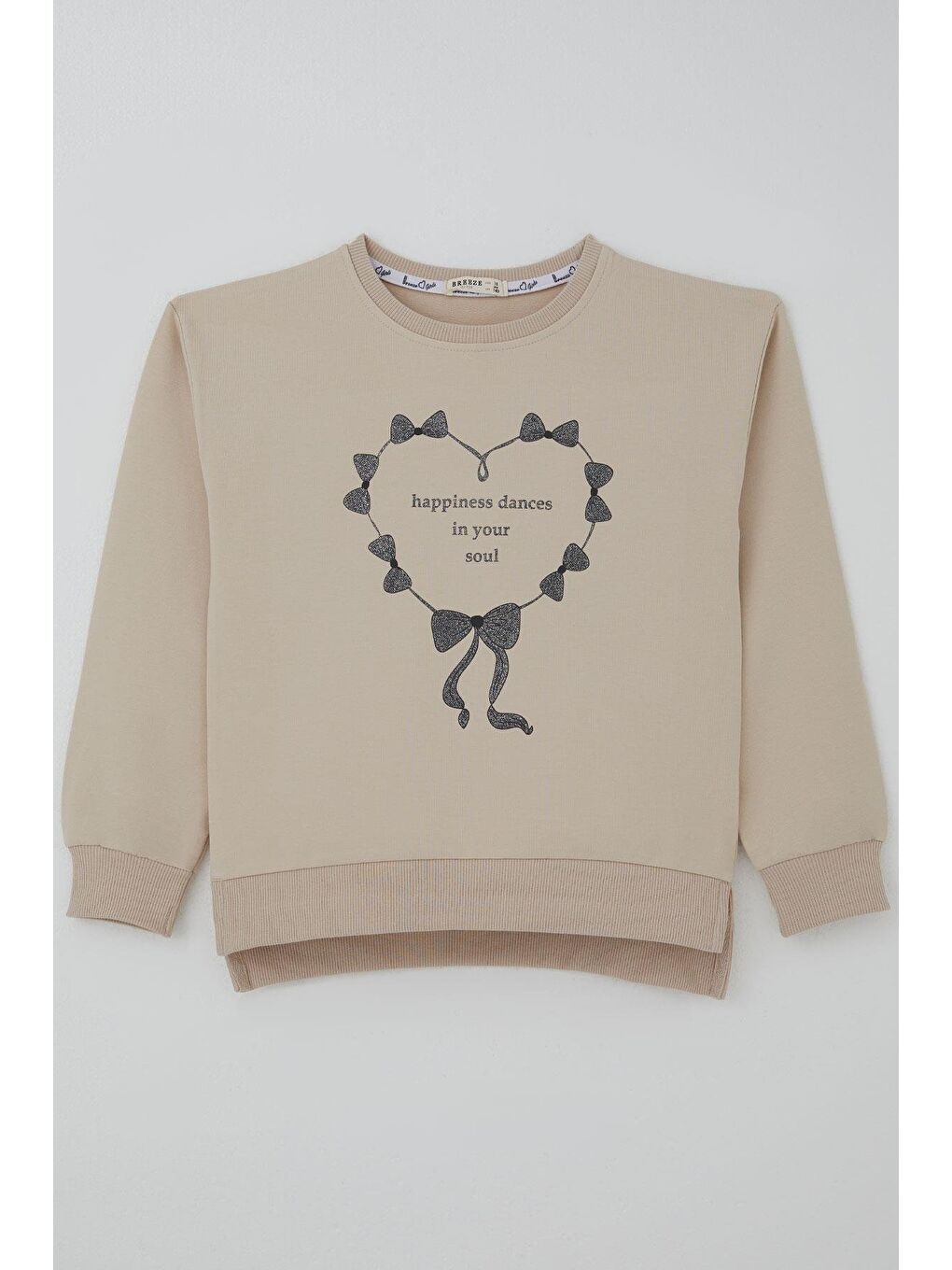 Kız Çocuk Sweatshirt Simli Kurdeleli Kalp Baskılı Bej (9-14 Yaş)-2
