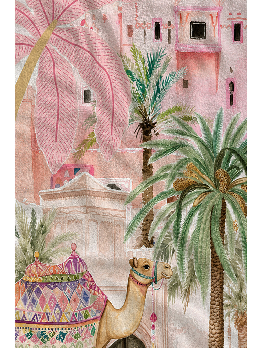 Pembe Tropikal Şehir Ve Palmiye Desenli 70x150 Cm Dijital Baskılı Plaj Ve Banyo Havlusu-1
