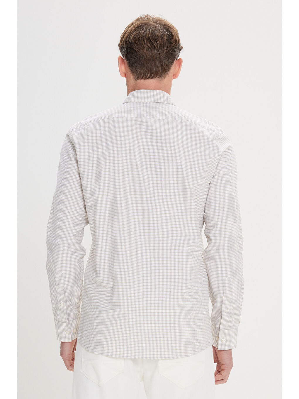 Erkek Beyaz-Bej Kolay Ütülenebilir Slim Fit Dar Kesim Düğme Yaka Gofre Desenli Gömlek-4