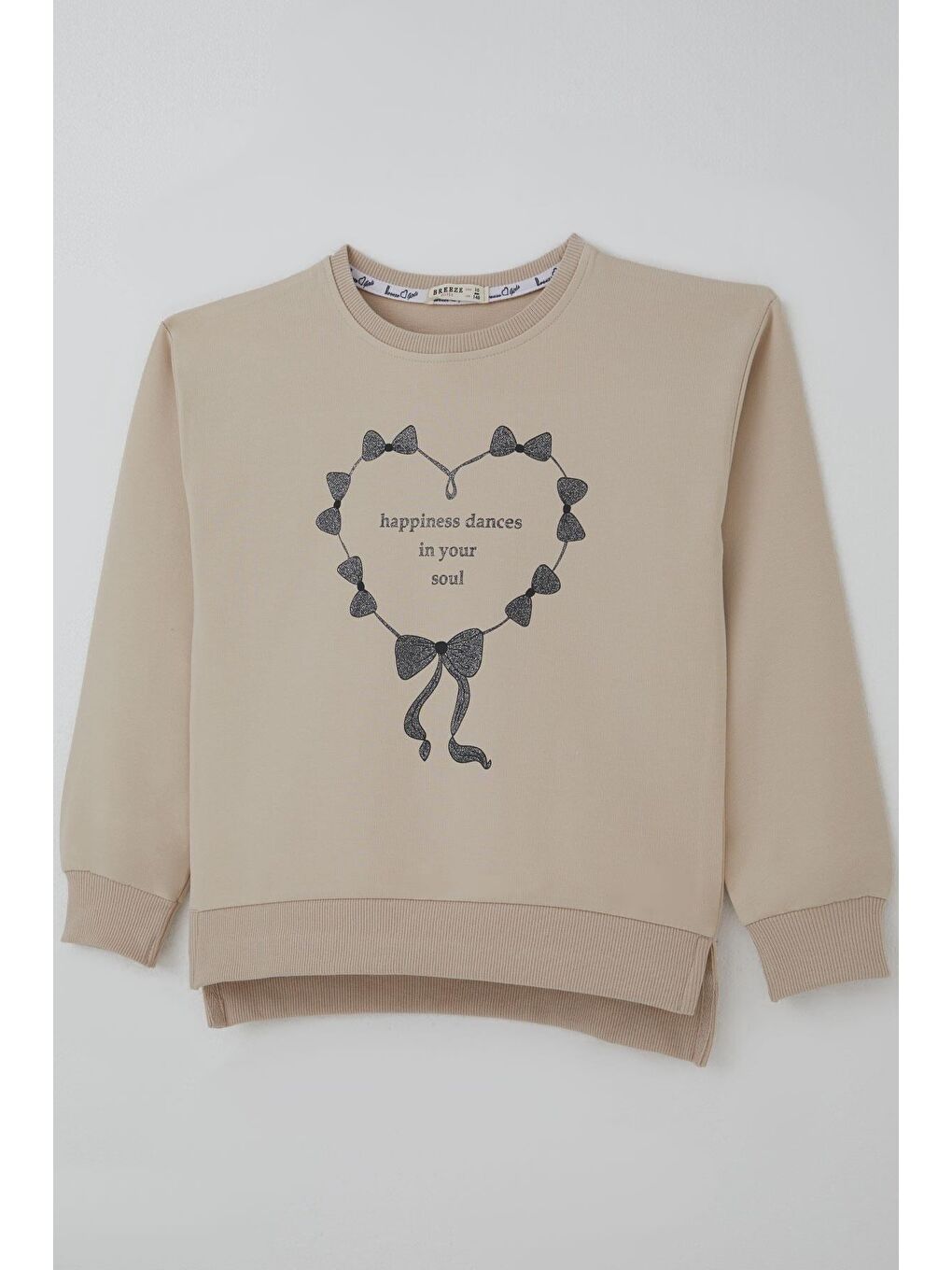 Kız Çocuk Sweatshirt Simli Kurdeleli Kalp Baskılı Bej (9-14 Yaş)-4