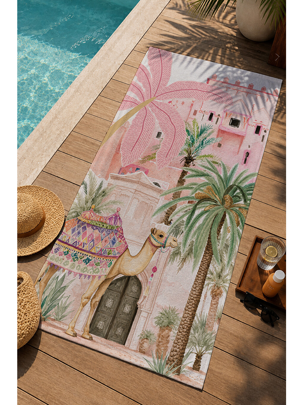 Pembe Tropikal Şehir Ve Palmiye Desenli 70x150 Cm Dijital Baskılı Plaj Ve Banyo Havlusu-2