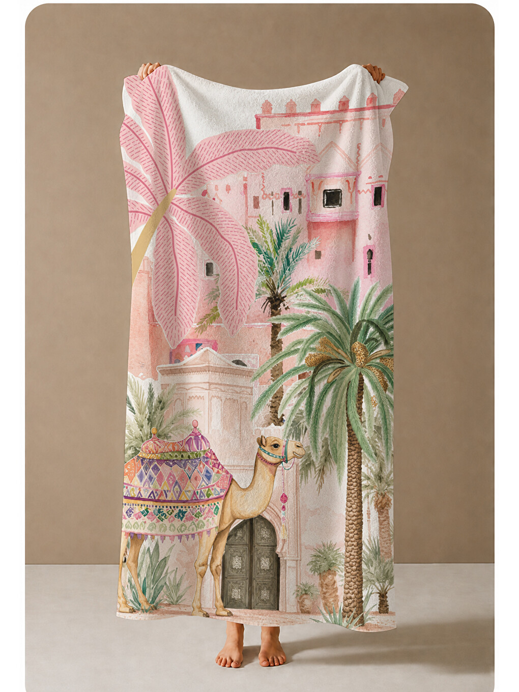 Pembe Tropikal Şehir Ve Palmiye Desenli 70x150 Cm Dijital Baskılı Plaj Ve Banyo Havlusu-3