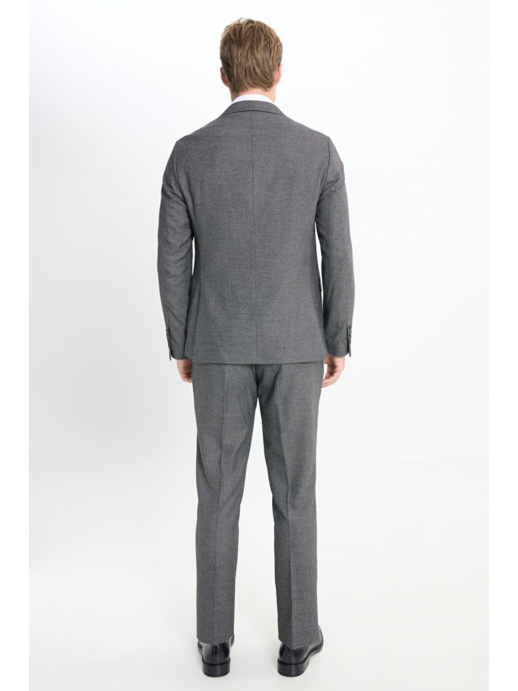 Erkek Siyah-Gri Slim Fit Dar Kesim Mono Yaka Kuş Gözü Desenli Çift Pantolonlu Takım Elbise-10