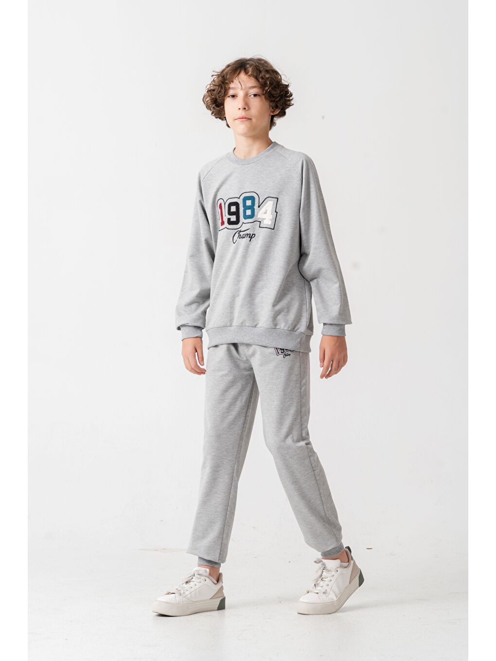Gri 1984 Champ Aplike Nakışlı Baskılı Erkek Çocuk Alt Üst Eşofman Takımı-1
