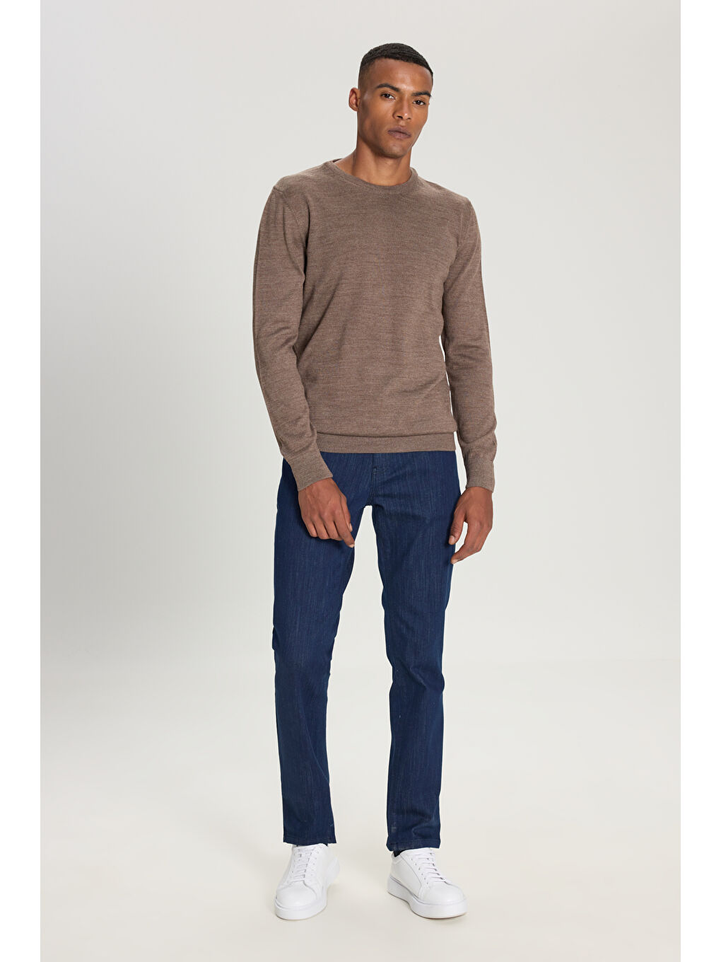 Bej Erkek Vizon Standart Fit Normal Kesim Bisiklet Yaka Triko Kazak-1