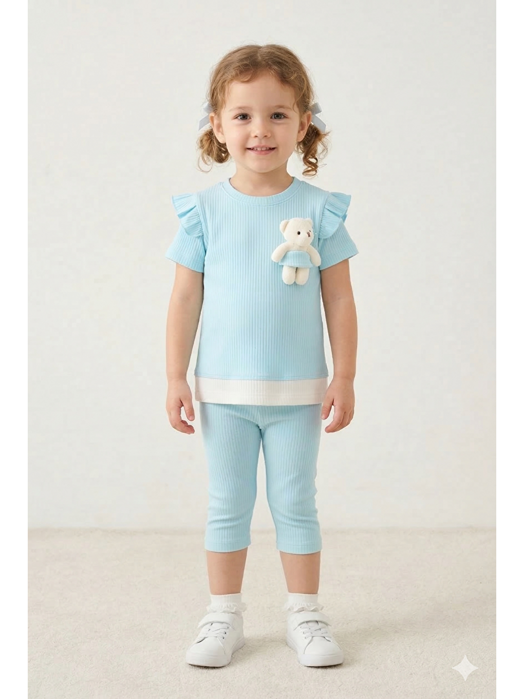 Mavi Kız Bebek Ayıcıklı Yazlık Alt Üst Takım %100 Pamuk Penye 1-3 Yaş