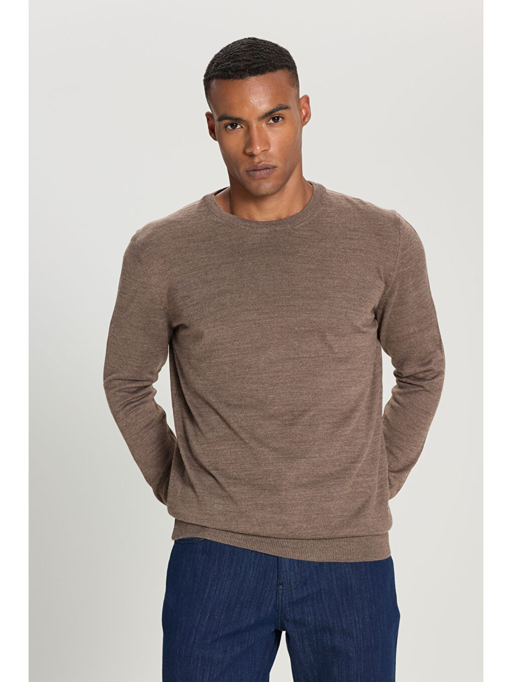 Bej Erkek Vizon Standart Fit Normal Kesim Bisiklet Yaka Triko Kazak-2