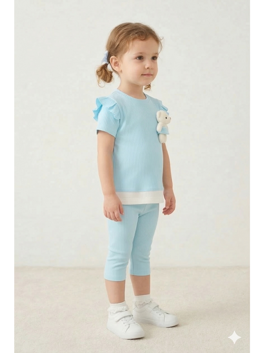 Mavi Kız Bebek Ayıcıklı Yazlık Alt Üst Takım %100 Pamuk Penye 1-3 Yaş-1