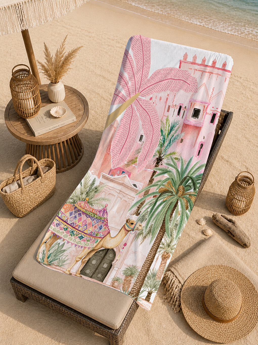 Pembe Tropikal Şehir Ve Palmiye Desenli 70x150 Cm Dijital Baskılı Plaj Ve Banyo Havlusu-4
