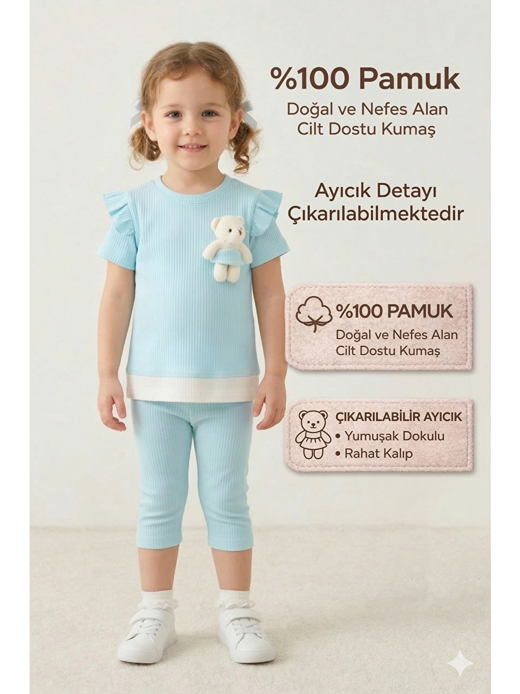 Mavi Kız Bebek Ayıcıklı Yazlık Alt Üst Takım %100 Pamuk Penye 1-3 Yaş-2