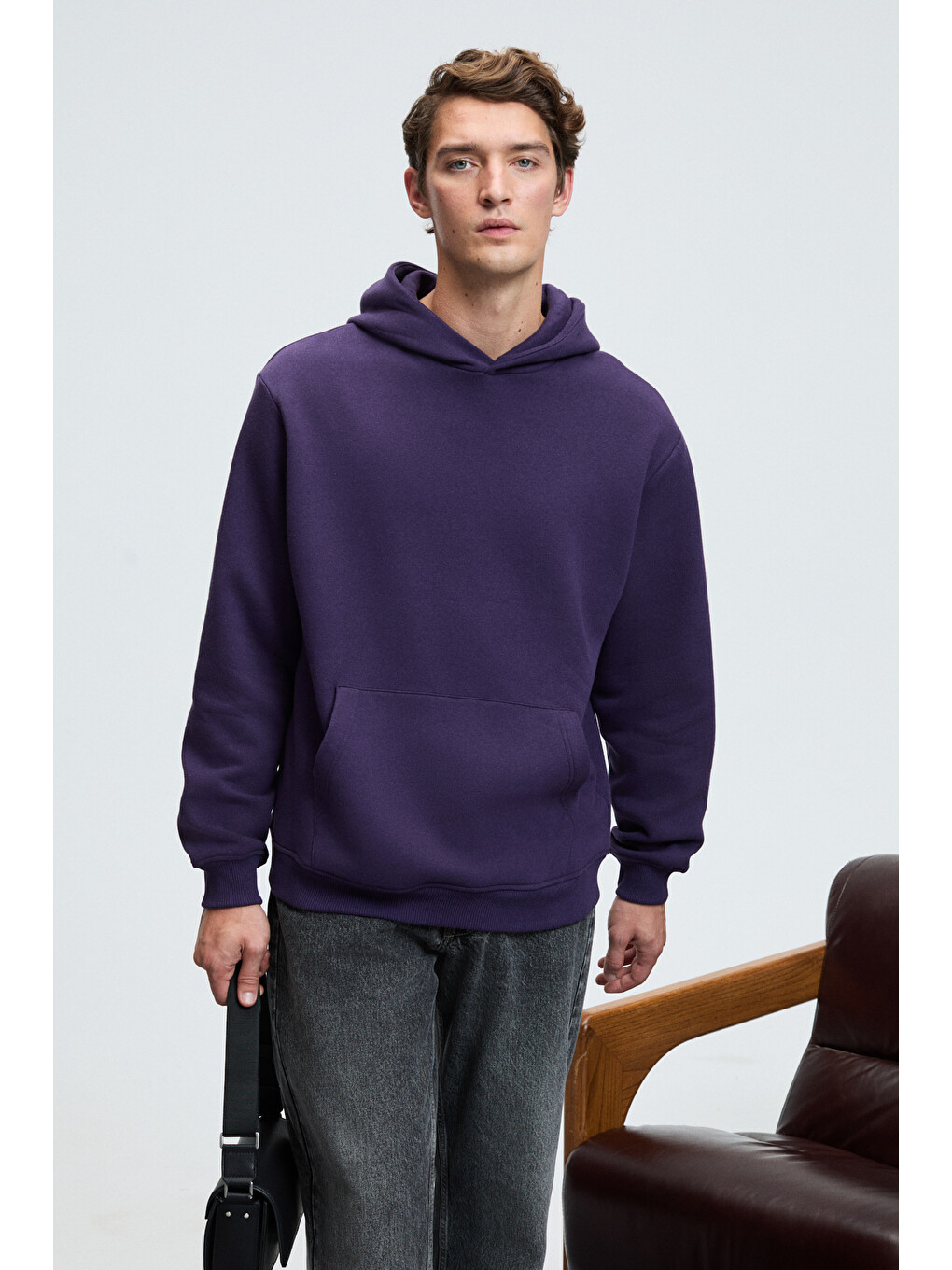 Amos Erkek Yumuşak Kumaşlı 3 İplik Oversize Kapüşonlu Kanguru Cepli Mor Sweatshirt-2