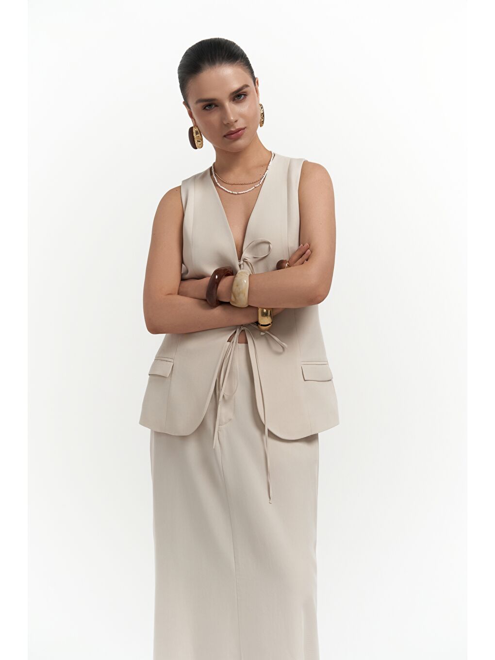 Bej Korben Yelek Etek Taş Takım