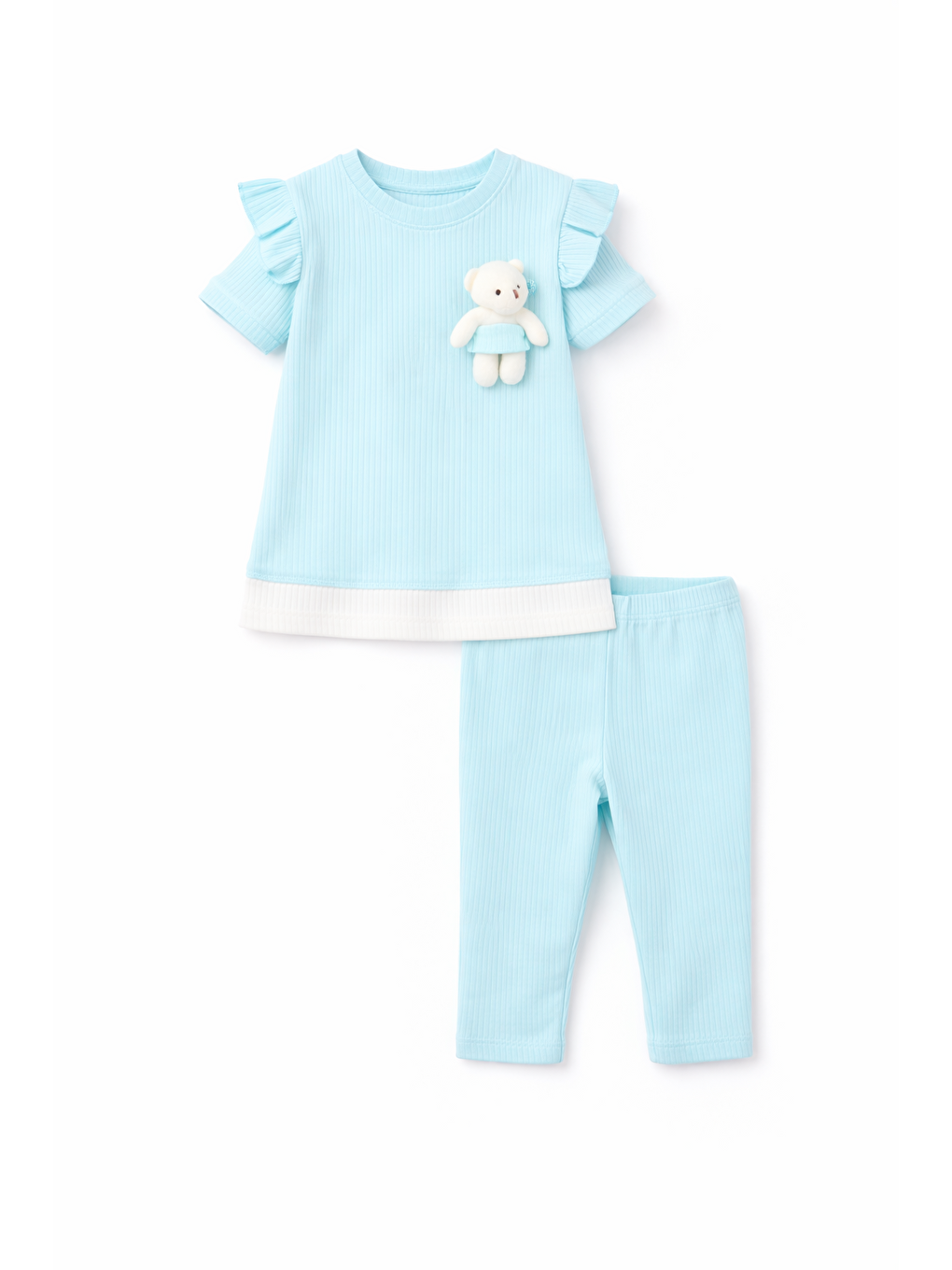 Mavi Kız Bebek Ayıcıklı Yazlık Alt Üst Takım %100 Pamuk Penye 1-3 Yaş-3