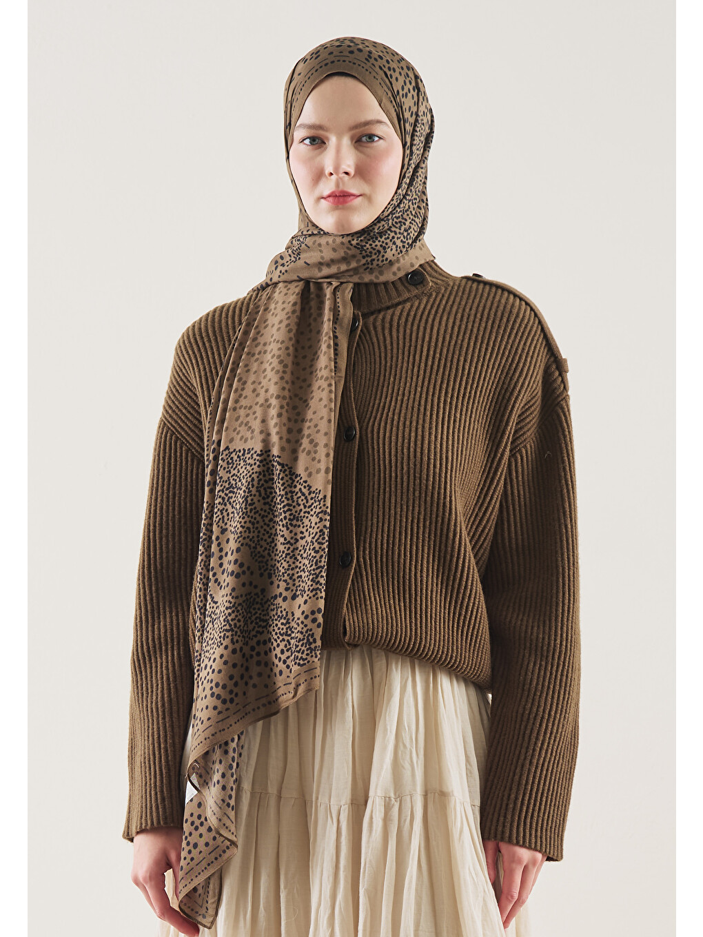 Kahverengi Dot Elegance Desen Rami Şal Çikolata Kahve-1