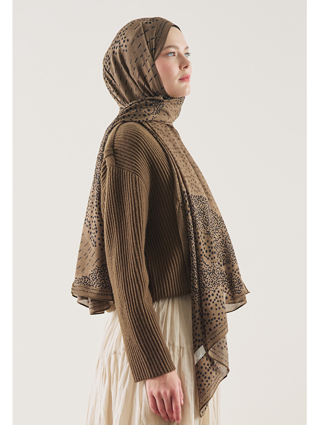 Kahverengi Dot Elegance Desen Rami Şal Çikolata Kahve-3